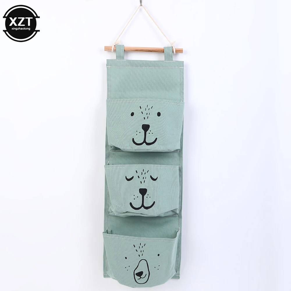 3 Pockets Wall Mounted Cotton Storage Bag Closet Cute Organizer Clothes Waterproof Sundries Bags Children Room Pouch Home Deco