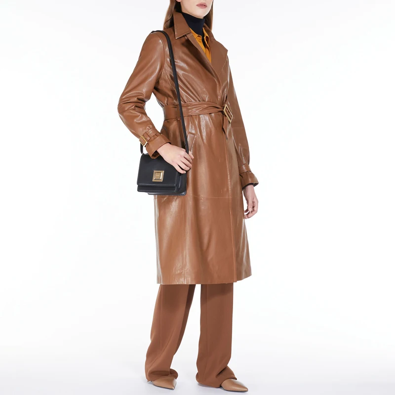 Sheepskin Leather Windbreaker for Women Waist-Cinching  Single-Breasted Fashion Spring and Autumn leather Coat