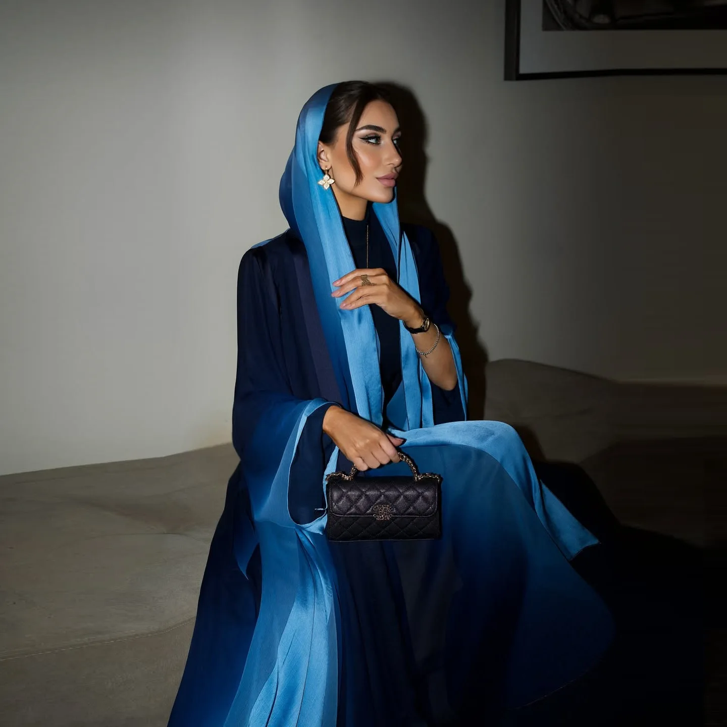 Chiffon Gradient Print Muslim Open Abayas Hijab 2 Piece Set Women Dress Morocco Abaya Arab Dubai Turkey Kaftan Musulmane Vestido