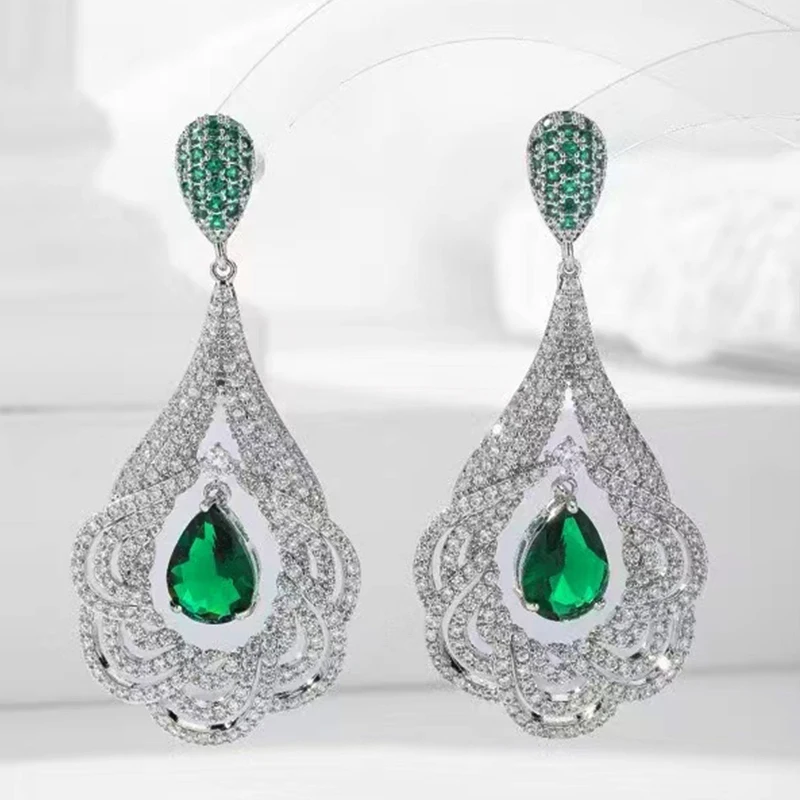 

wedding bride earrings luxury zirconia silver gold color long large pendant earrings women vintage jewelry dinner party gift