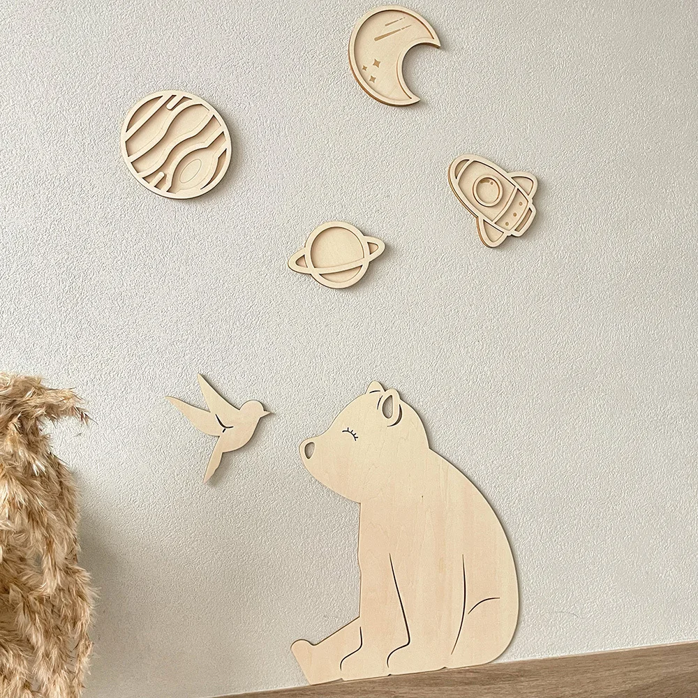 Ins Nordic Universe Starry Sky Theme Room Layout Decoration Planet Moon Wooden Wall Stickers Baby