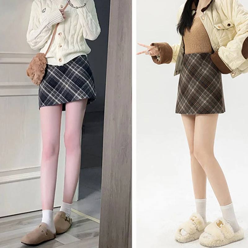 Saias xadrez de lã cinza para mulheres outono inverno cintura alta uma linha bodycon saia vintage emagrecimento saia curta