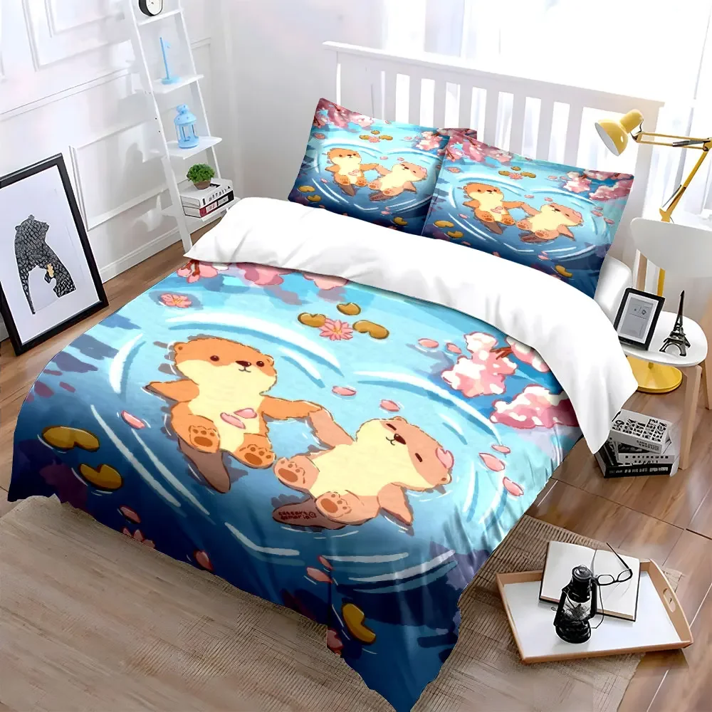 Adorable Otter Couple Decor Set Soft Comfortable Duvet Cover Bedding Set Included 1*Duvet Cover & 2*Pillowcases, gift