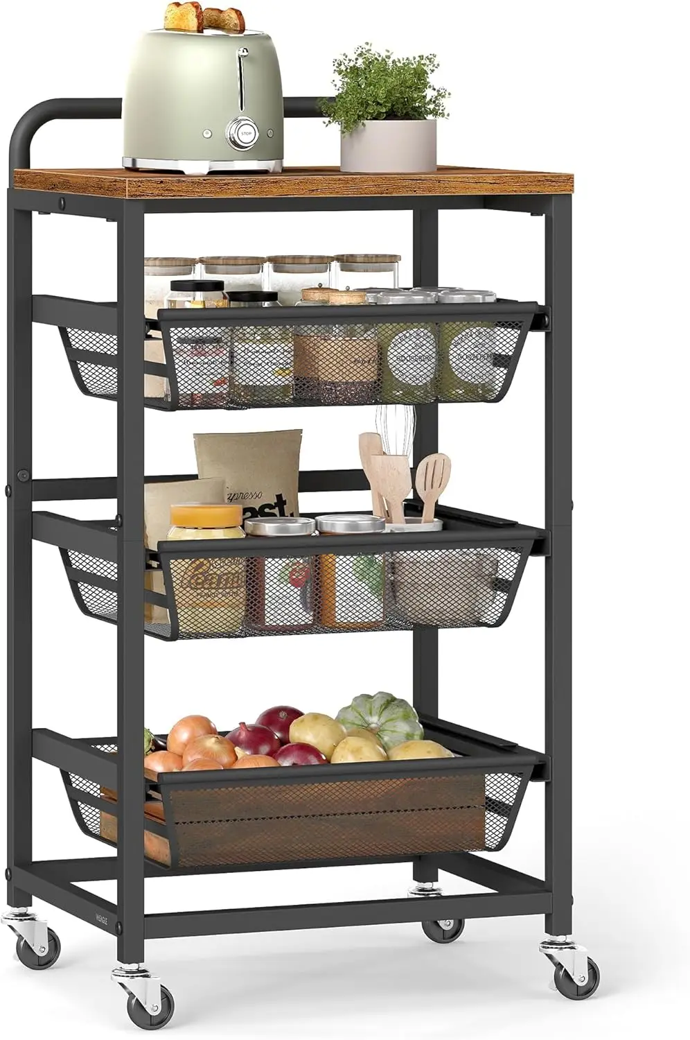 

4-Tier Rolling Storage Cart, 11.8' Wide Metal Kitchen Utility Cart with Handle and Wheels, Mobile Shelving Unit, Rustic Brown