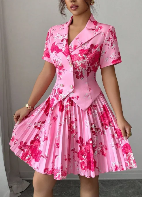 Women Floral Blazer Outfit Short Sleeve Lapel Pleated Mini Skirt Set Elegant Vintage Rose Print Party Ensemble Dating & Evening