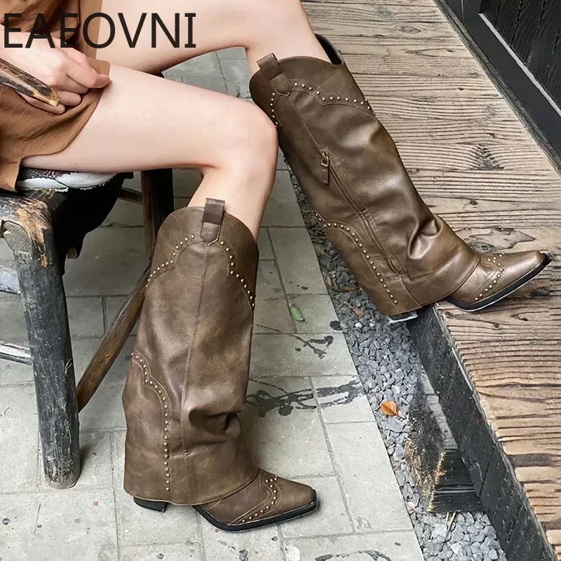 Slip On Woman Cowgirl Boots Fashion Ladies Elegant Square Low Heel Long Boots Shoes Women's Winter Footwear