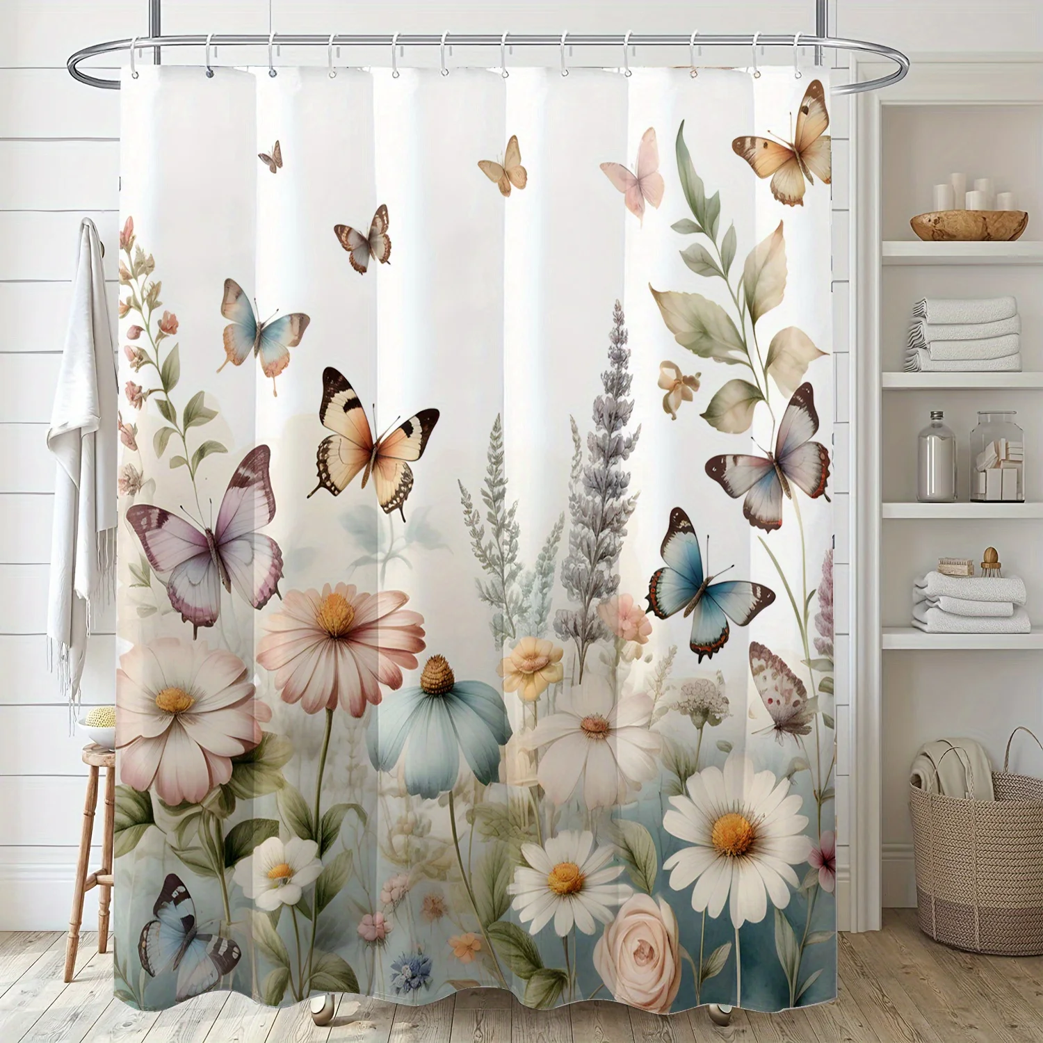 

Pastel Flower Butterfly Shower Curtain With Soft Colors And Wildflowers Elegant Garden Design Calm Bathroom Decor Cozy