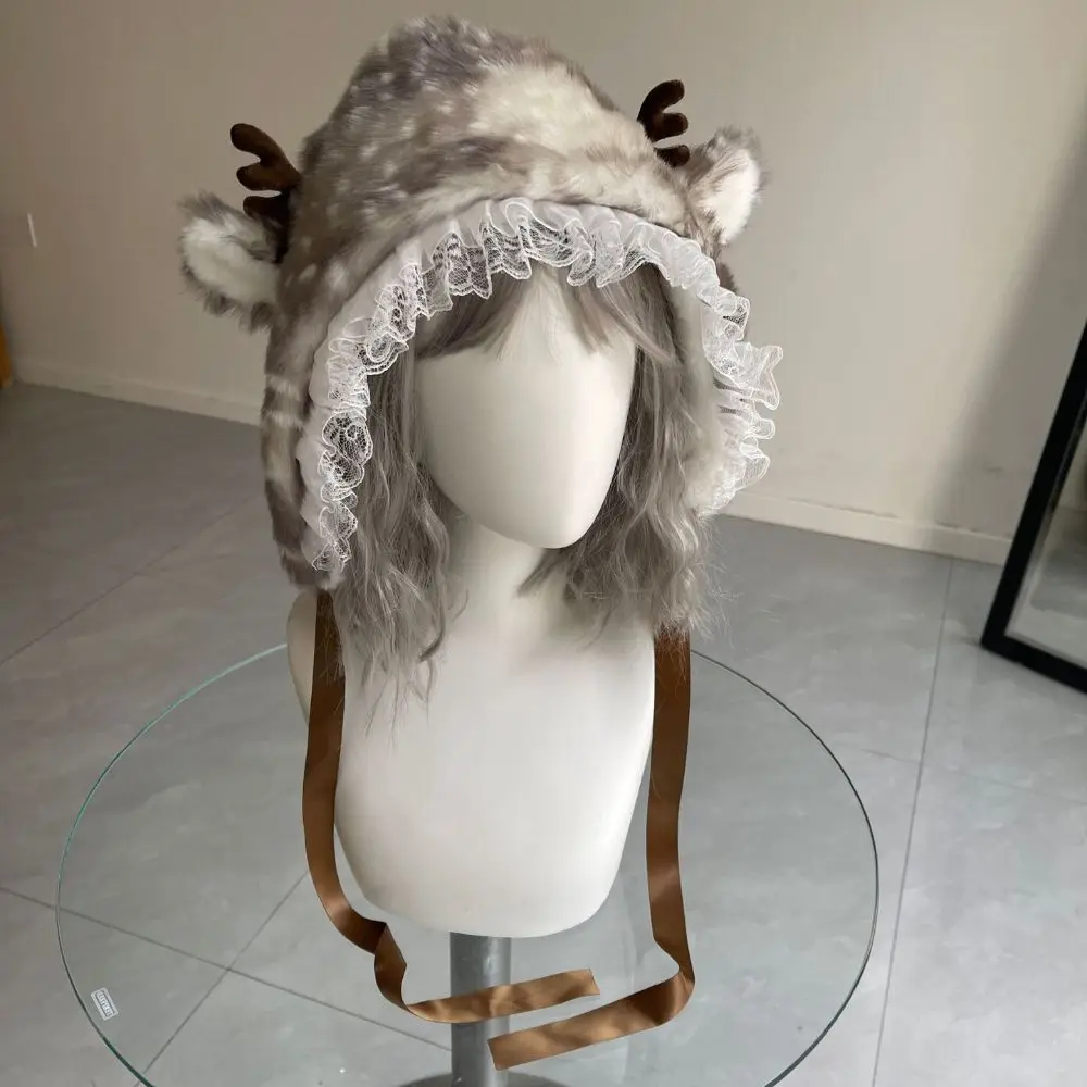 Thick Deer Pattern Faux Fur Scarf Leg Cover Warm Mink Fur Fake Collar Lace Edge Japanese Pile Plush Neck Warmer Skiing Holiday