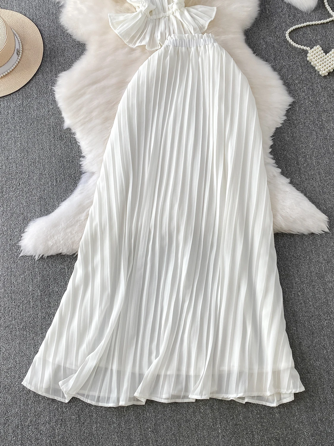 

Beach Vaion Long Dr Set Sexy Bal V-ne Waist-cinched Lace Trim Vest Top High Waist Pleated Skirt