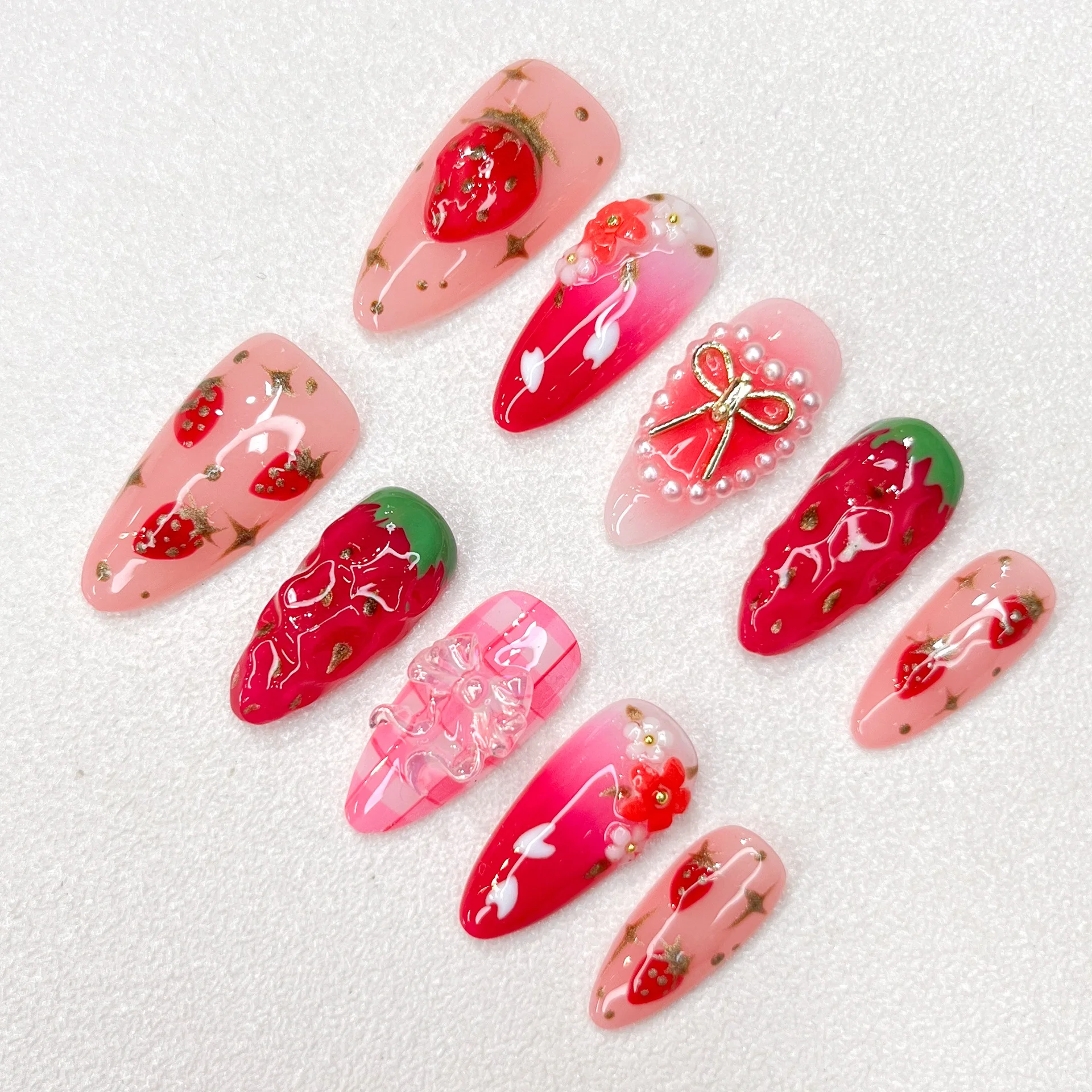 New Cute Strawberry Series Manicure Almond Length Relief Series 3D Hand-painted Mandarin Duck Manicure Press on Nails