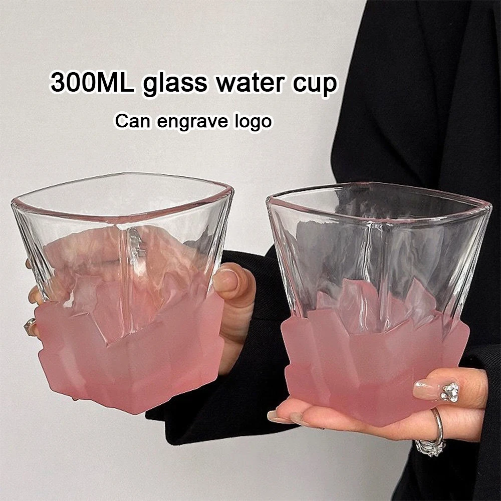 (Can Engrave Logo) 300ml Thickened Frosted Glass Whisky Tumbler With Iceberg Design, Water Cup, Beer Glass, Milk Cup