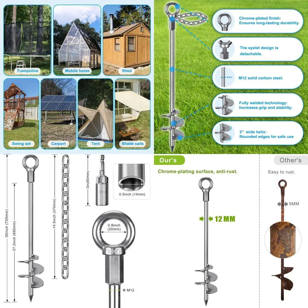 

30'' Ground Anchors Screw in with Chain, Heavy Duty Trampoline Stakes, 2pcs Trampoline Anchors, Mobile Home Anchors for Camping