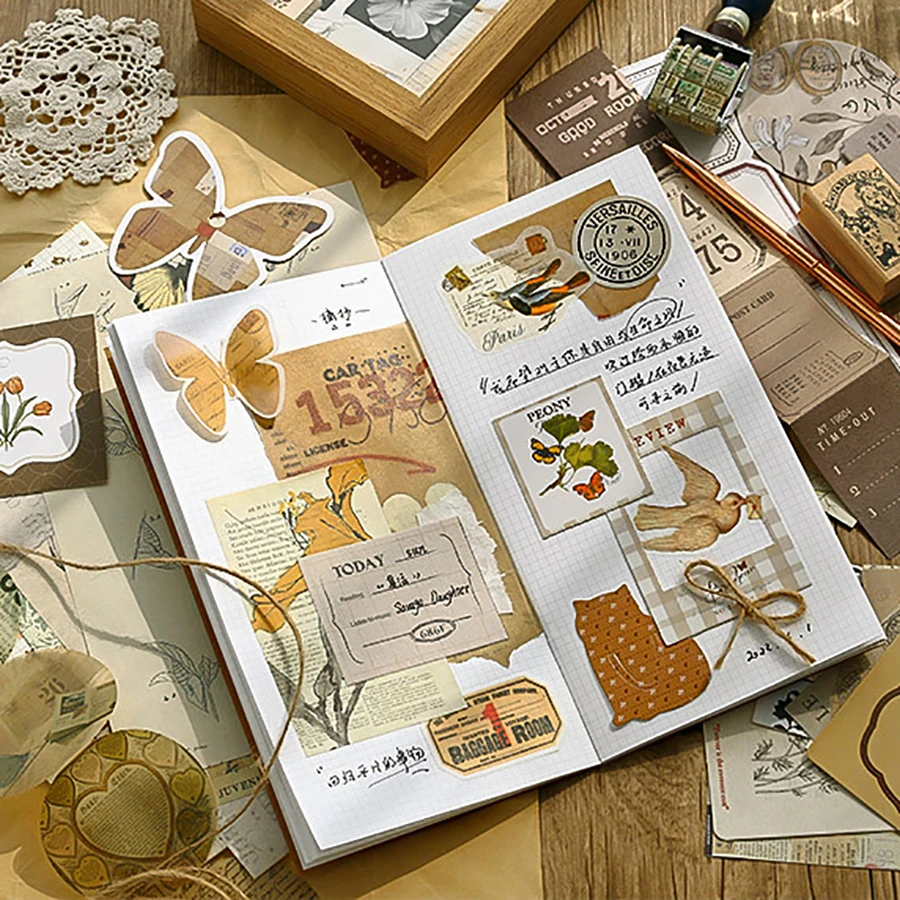

DIY scrapbook retro collage handcrafted materials, note and log decoration material paper set, aesthetic tool combination kit
