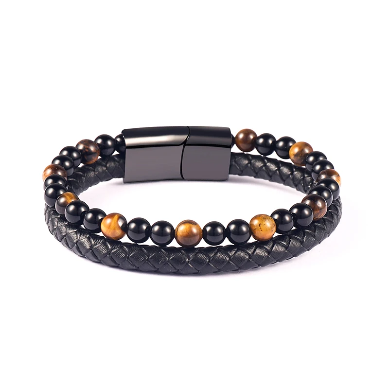 

ORMESEN New men's genuine leather bracelet natural tiger eye bead bracelet braided bracelet gift