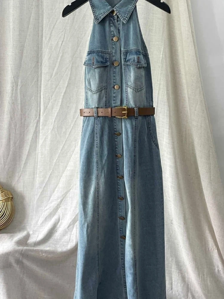 Denim Dress with Hanging Neck for Women, Long Dresses, Hollowed Out Back, Women\'s Clothing Traf, 2023