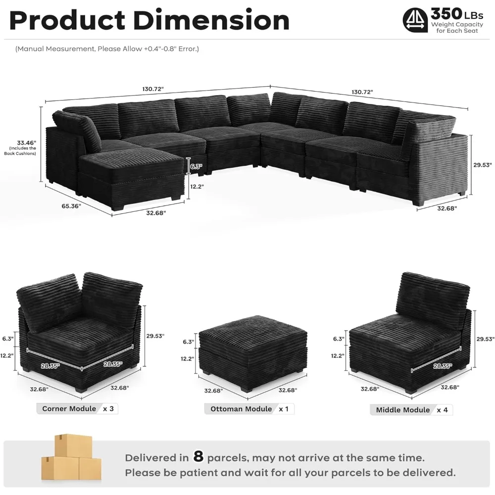 Modular Sectional Sofa Couch, L-Shaped Minimalist Couches with Ottoman Chaise, Modern Deep Seat Cloud Plush Corduroy