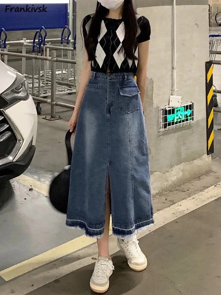 

Women Skirts Denim Pockets Korean Style Spring Daily High Street Charming Elegant Gradient Color All-match Simple Holiday Cozy