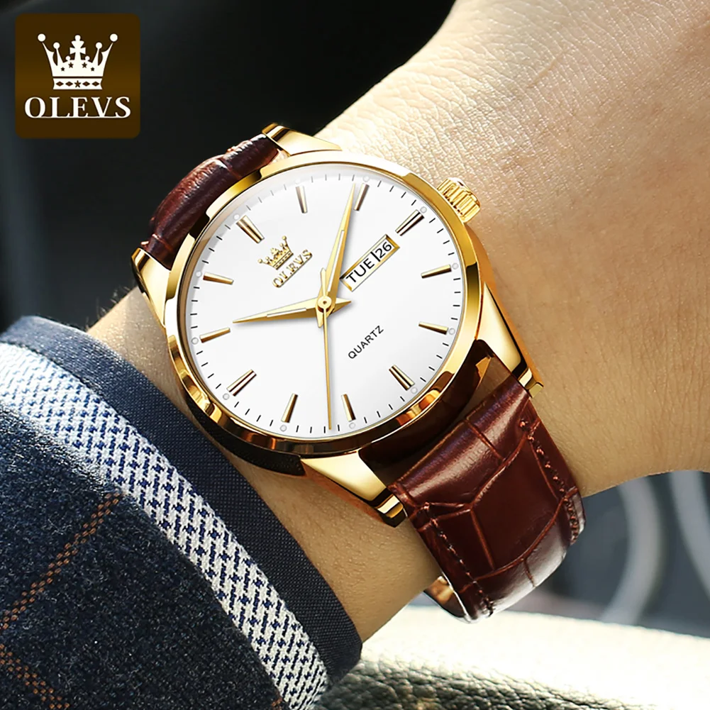 OLEVS Top Brand Men Classic Quartz Waterproof Watch Leather Strap Business Popular Casual Watch for Man Original Luminous Clock