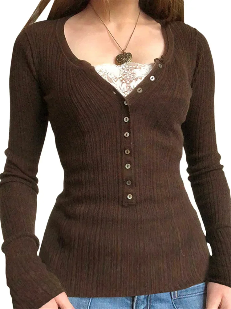 Women Button Front Knit Tops Long Sleeve Lace Patchwork Slim Fit Sweater Fall Fairy Grunge Clothes