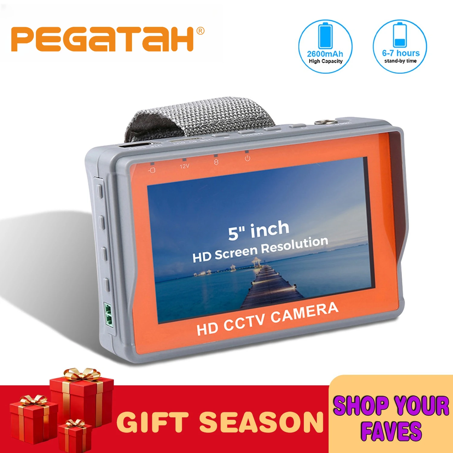 

Тестер видеонаблюдения 4-в-1 8MP PEGATAH, 5-дюймовый монитор 4K для камер AHD/CVI/TVI/CVBS, аналоговый тестер с входами HDMI/VGA, тестирование UTP