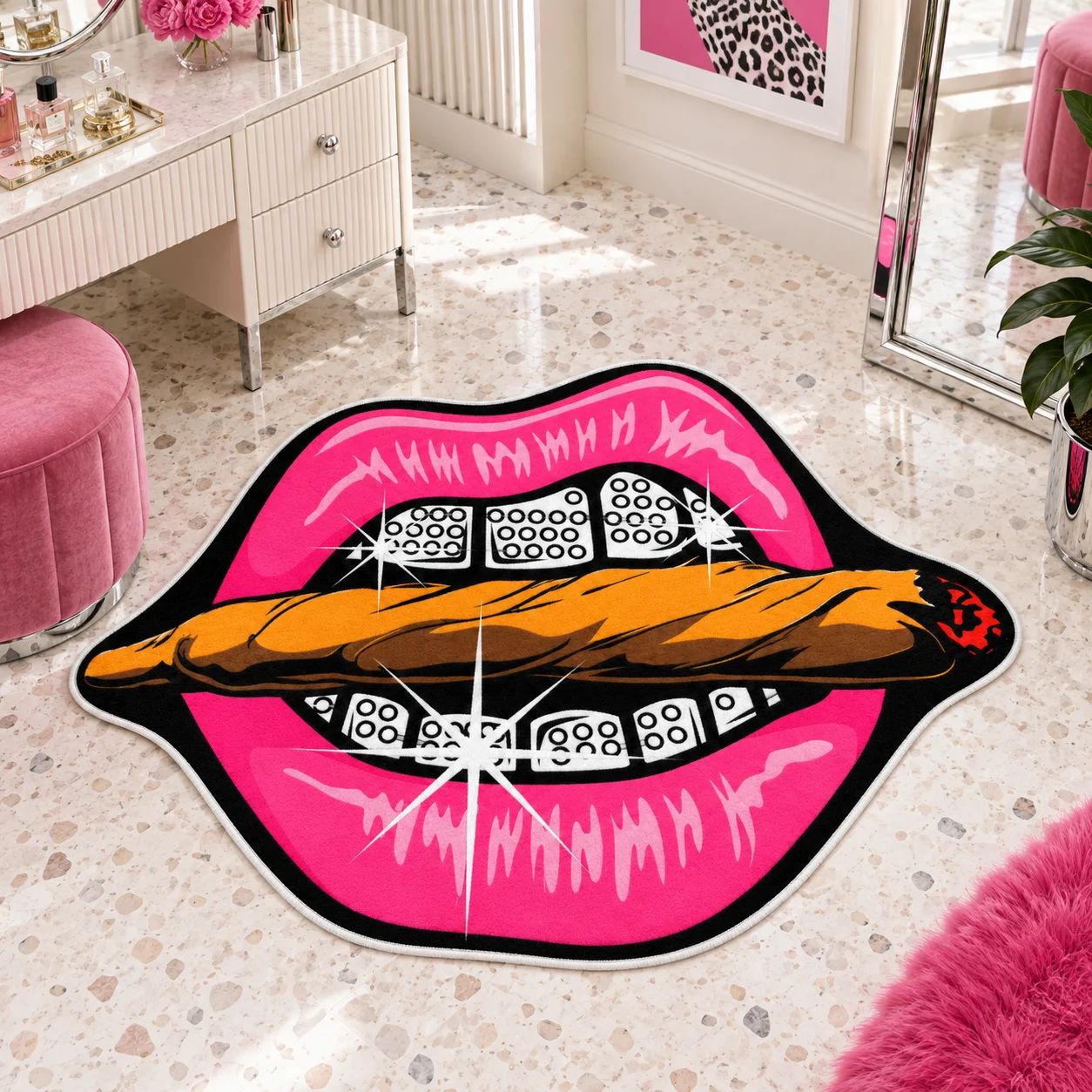 Pink Lips Cigar Shaped Area Rug, Glam Pop Art Floor Mat for Bedroom Dressing Room Lounge, Bold Modern Novelty Home Decor Gift
