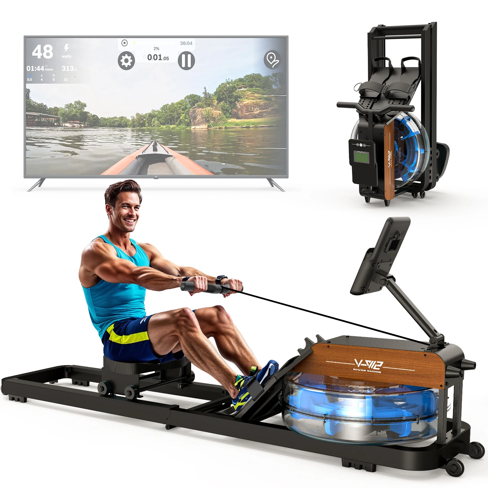 Opvouwbare Roeitrainer voor Thuisgebruik met Bluetooth-monitor & Verstelbare Tablethouder, Max. Belasting 160KG