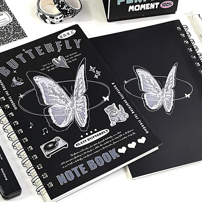 Imagem -05 - Simples Ins Estilo Notebook Bobina Tampa Retro Cartoon Linha Horizontal Journal Scrapbook Suprimentos Estudante a5 Lovely 50 Folhas Preto