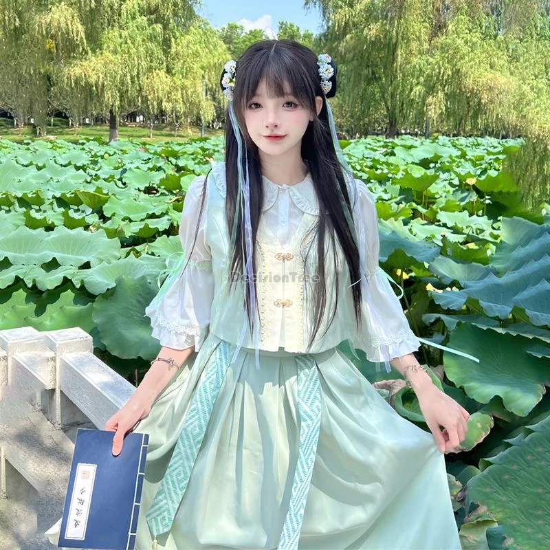 

2024 chinese improved jk uniform style women daily hanfu dress fairy dress half sleeve hem design blouse pleated skirt set w827