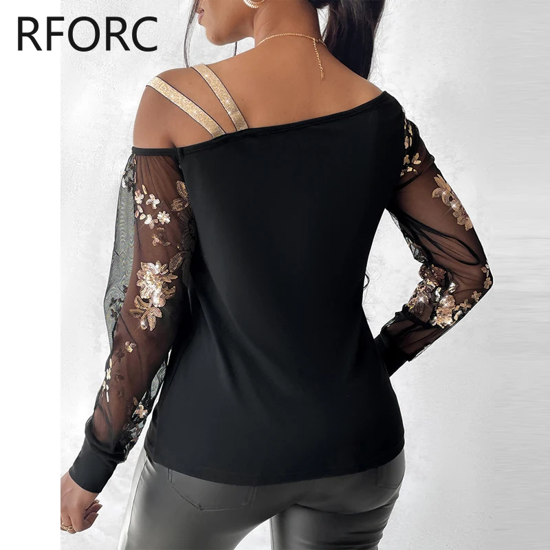 2024 Women Mesh Patchwork Sequins Decoration One Shoulder Off Black Blouse Tops