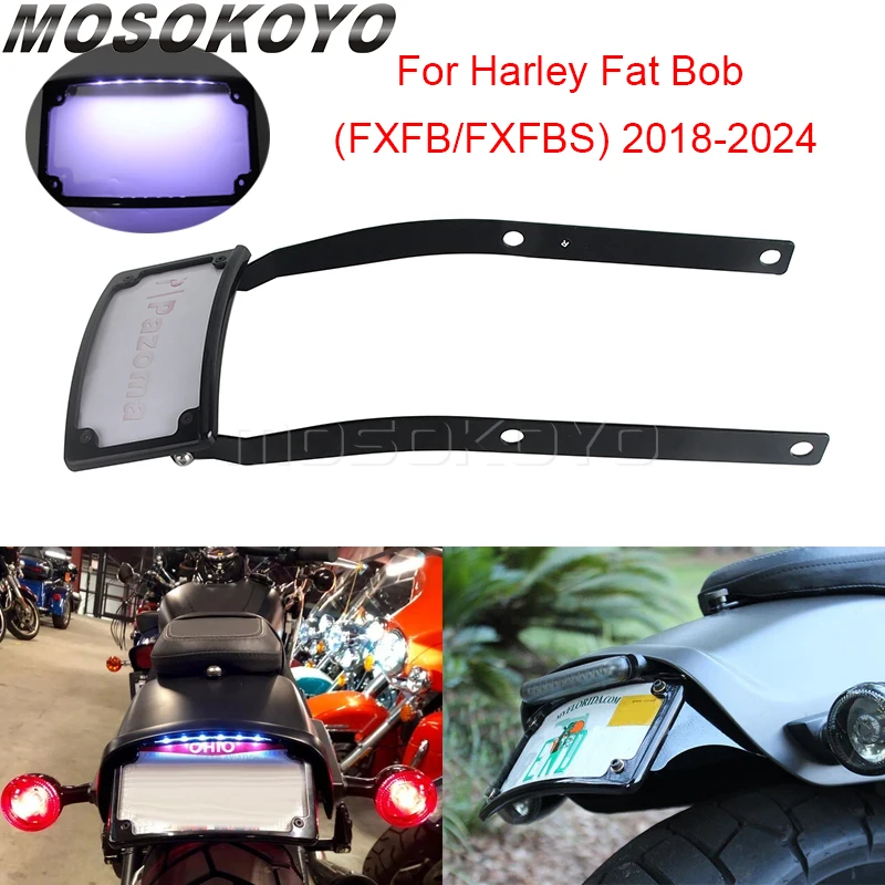 Motorbike Raer License Number Holder Bracket Mount For Harley Softail Fat Bob FXFB FXFBS 18-24 LED Number Plate Frame Light Lamp