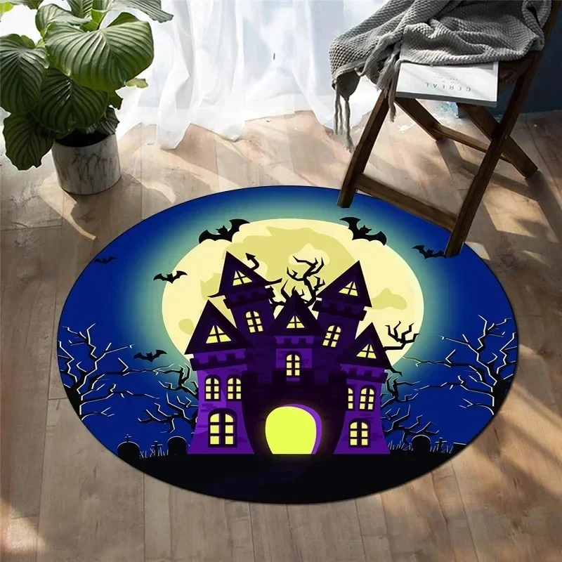 Happy Halloween Round Carpet Castle Bat Print Area Rug for Living Room Bedroom Chair Non Slip Horror Theme Floor Mats Yoga Mat