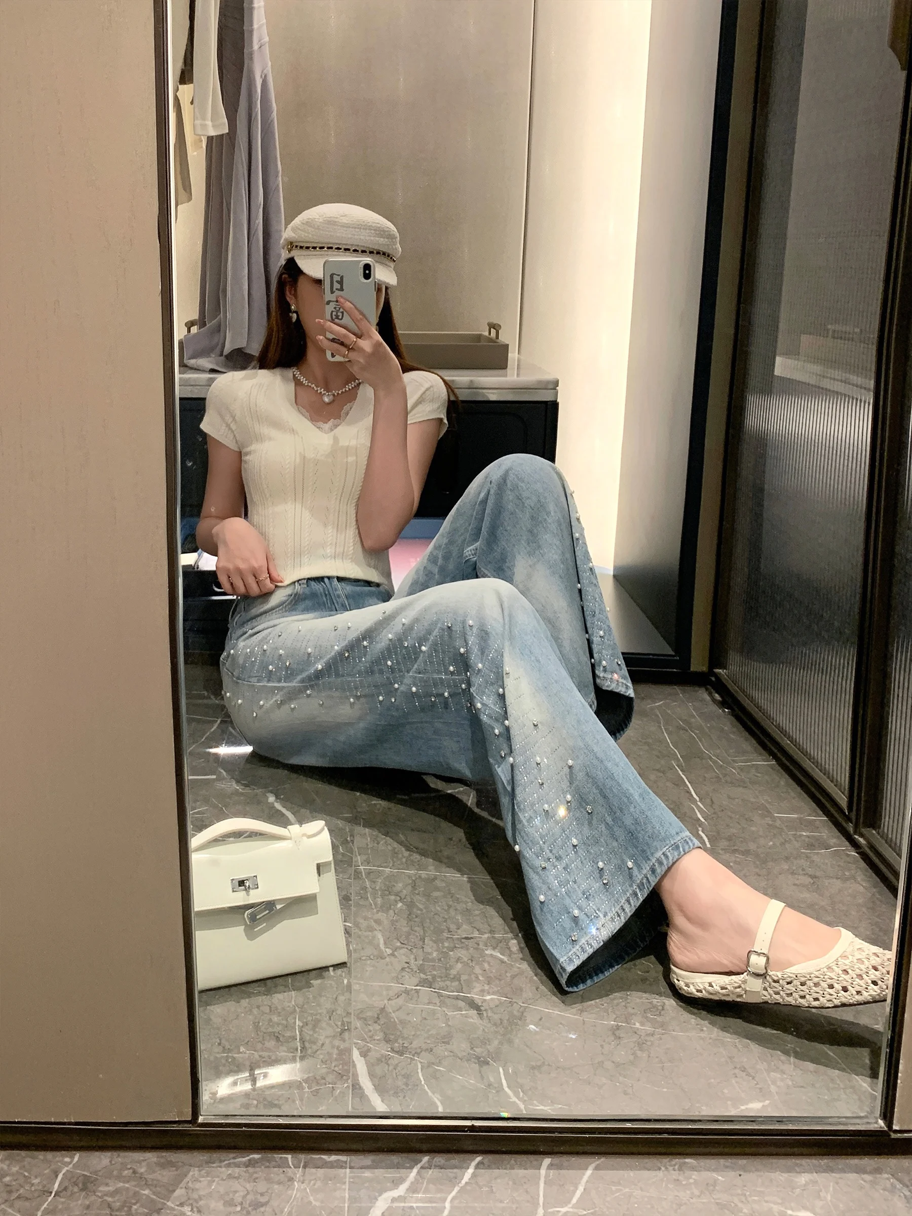 

Sam Seoi Spring New High Waist Wide Leg Diamond Embellied Denim Pants Women Loose Slimming Long Trousers Casual Sle