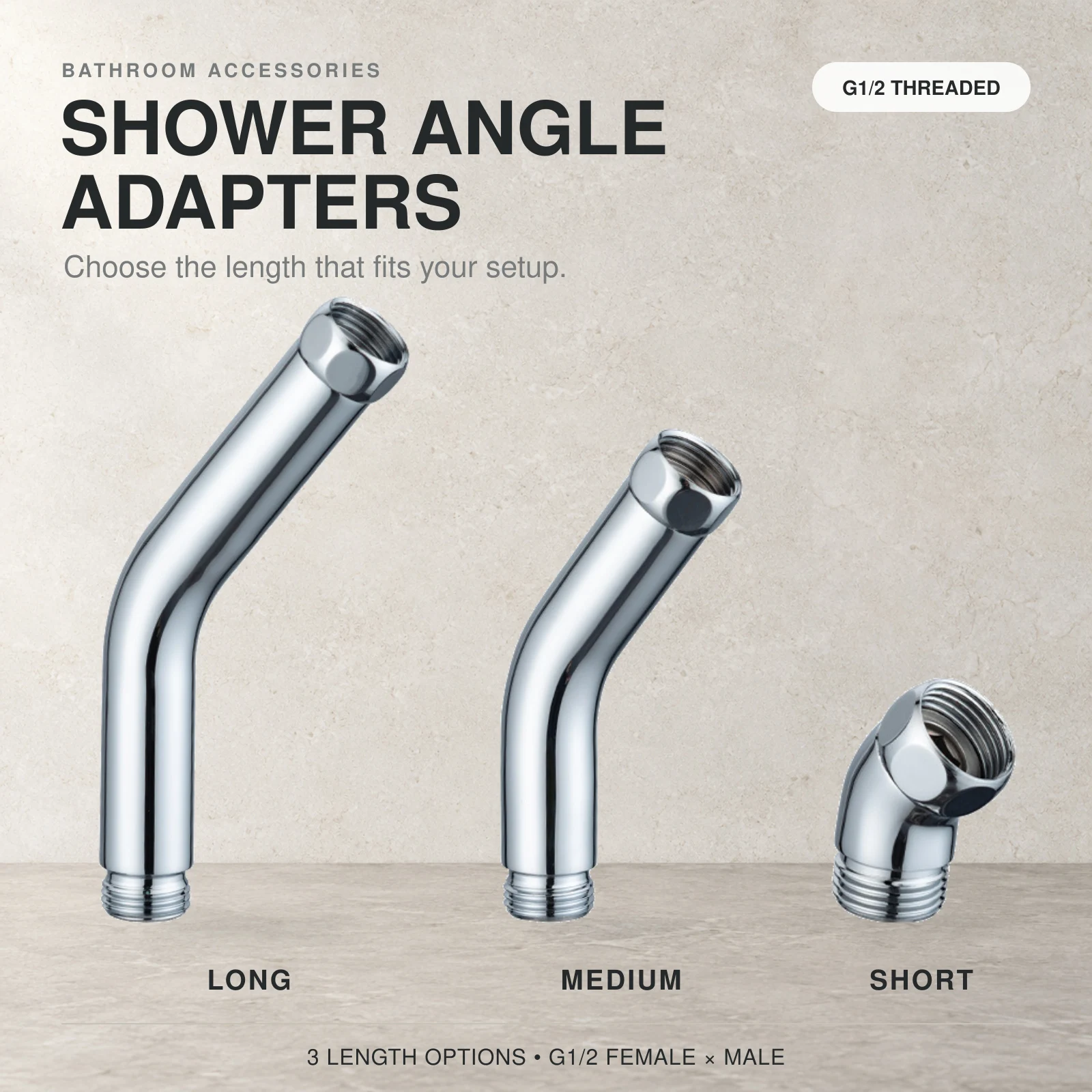 G1/2 Handheld Shower Angle Adapter 135° Bent Connector 360° Swivel Chrome Finish Male to Female Thread Fitting 42/112/152mm