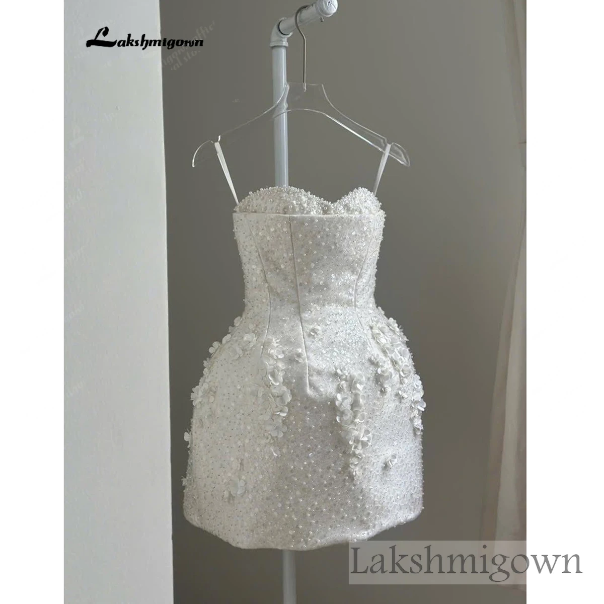 Lakshmigown Funkelndes Blumen-Mini-Hochzeitskleid Perlenkorsett Brautkleid 3D-Blumen-Empfangskleid Perlenbesetztes Braut-Minikleid Maßanfertigung – Detail 6