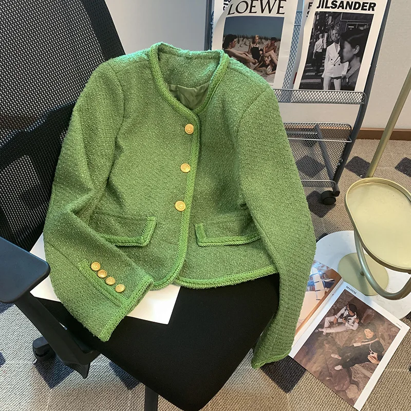 Women's green tweed jacket, new spring and autumn season small fragrance style round neck top