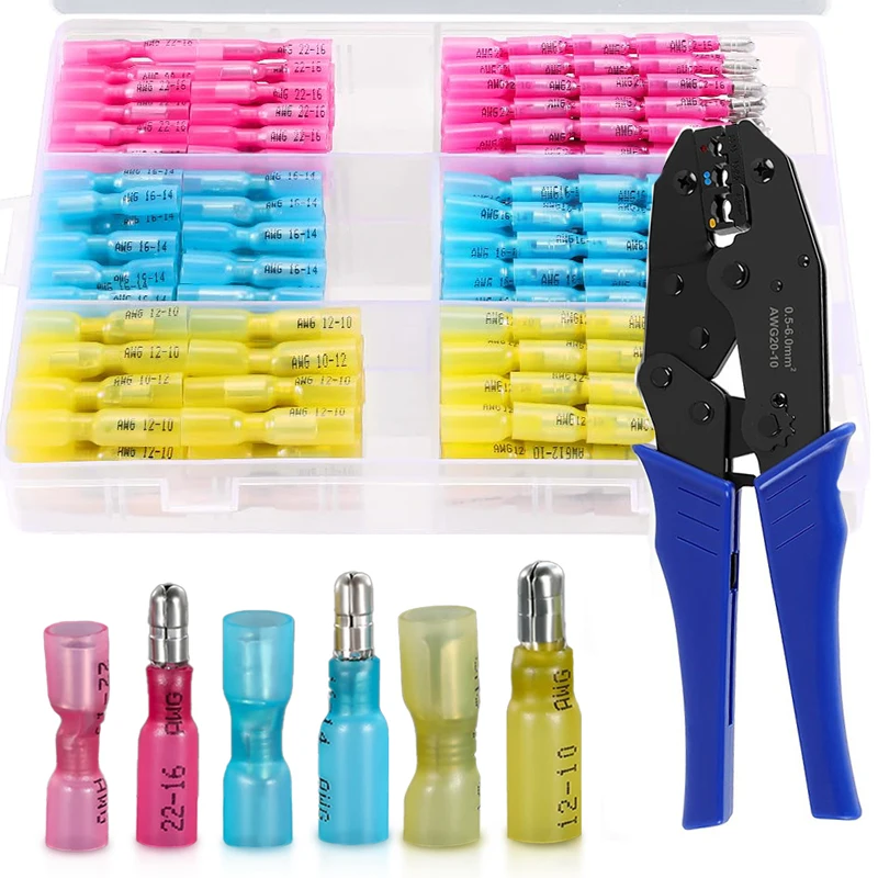 220pcs Heat Shrink Bullet Connectors AWG22-10 Male Female Wire Connectors Terminals Butt Cable Terminals with Crimping Pliers