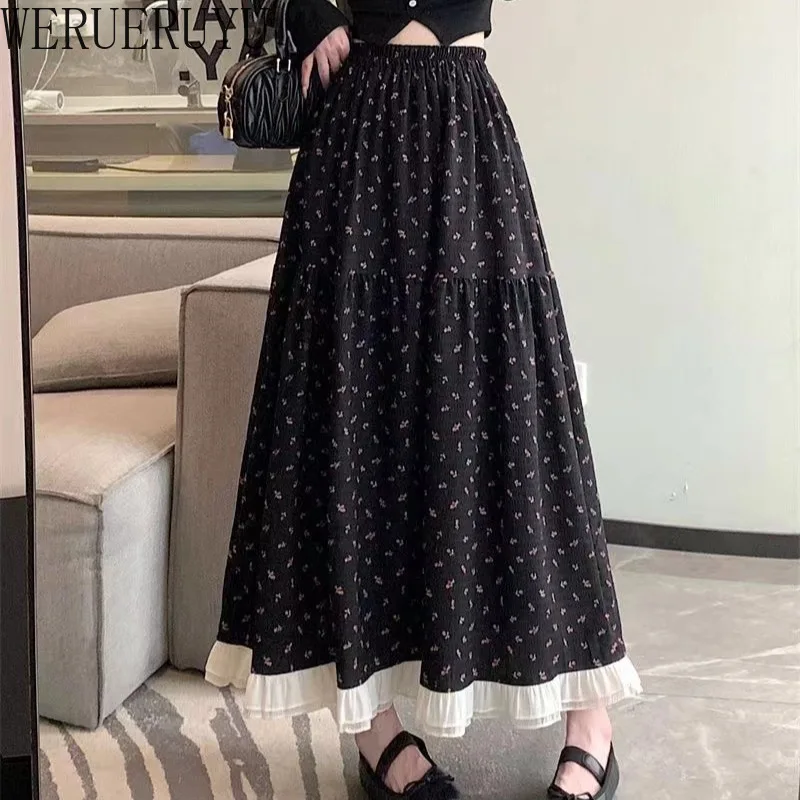 Summer White Floral Long Skirt Womens Y2k Clothes Fashion Elastic High Waist Casual Elegant Spliced Gauze Skirts for Women 2024