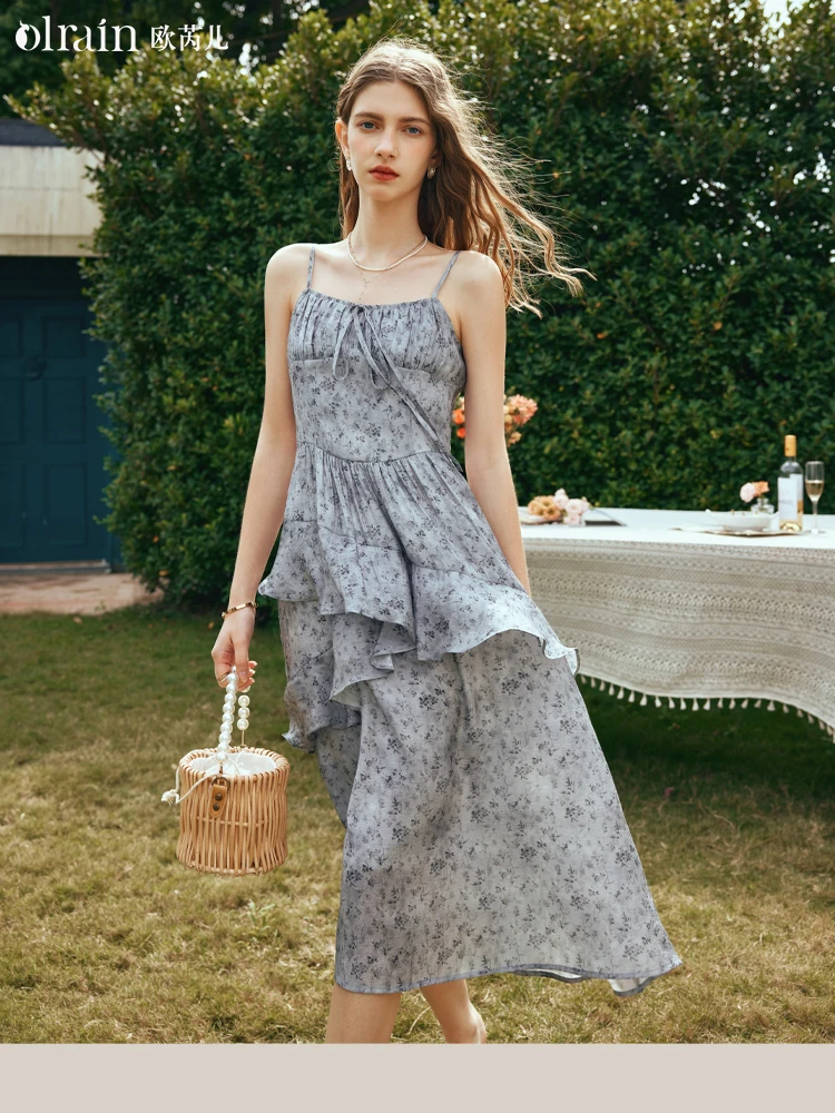 

OLrain French Style Midi Dresses Women 2025 Summer Patchwork Ruffles Irregular Lace-up Print Ladies Elegant Dress O24CL89936