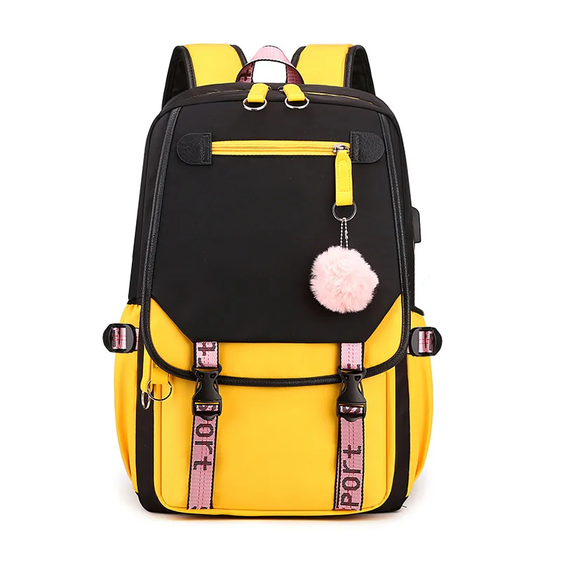 Mochila para adolescentes, 21 polegadas, preto, rosa, amarelo, mochila para estudantes do ensino médio, mochila ao ar livre com porta de carga USB