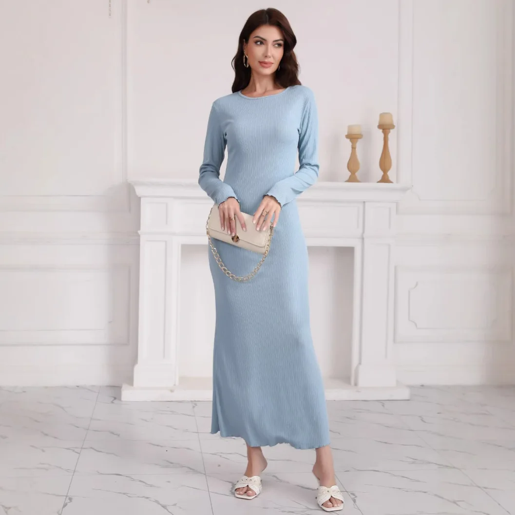 فساتين نسائية أوروبية أمريكية إسلامية بلون سادة أنيقة كاجوال عصرية بسيطة أساسية برقبة دائرية وأكمام طويلة بطول الكاحل #4