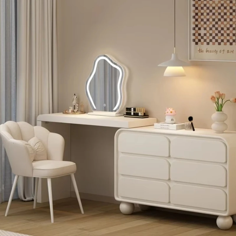 

Luxury cream solid wood vanity with integrated chest of drawers, modern minimalist retractable corner vanity