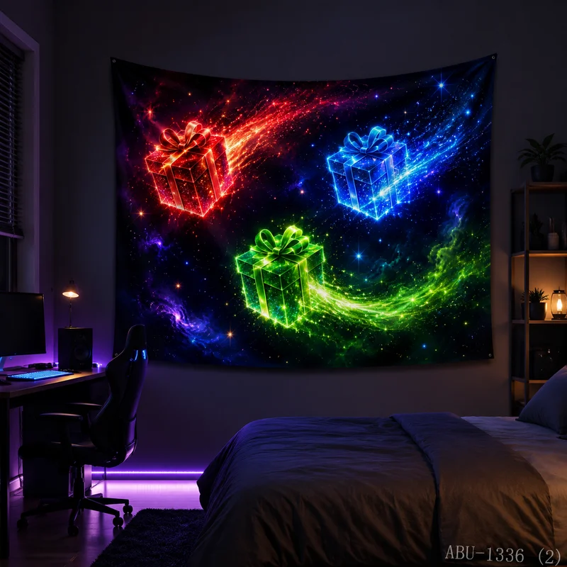 VIKAMA Neon RGB Three Meteor Gift Box Galaxy Nebula Starry Space Present Christmas Tapestry Bedroom Living Room Dorm Home Decor