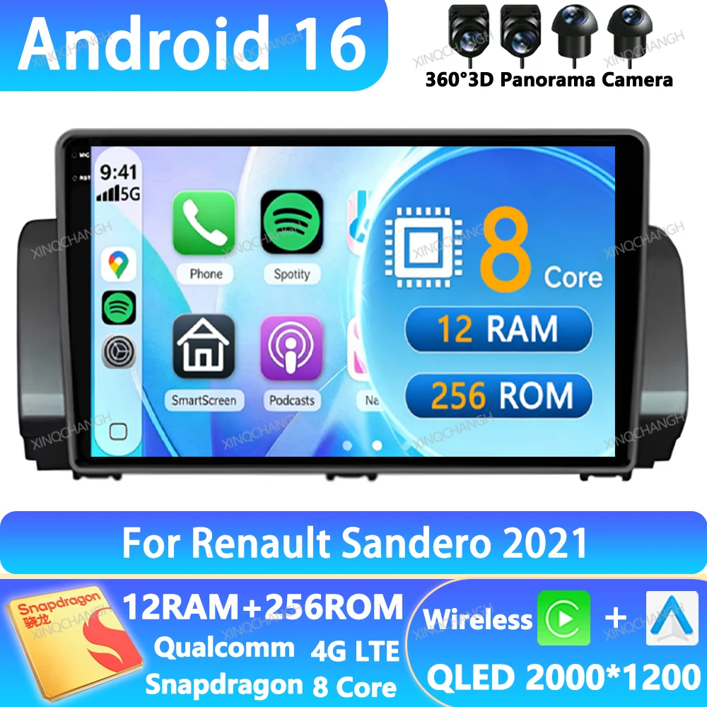 Android 16 Car Radio For Renault Sandero 2021 QLED Qualcomm 4G LTE 5G WIFI Multimedia Video Player GPS BT Head Unit 2DIN BT GPS