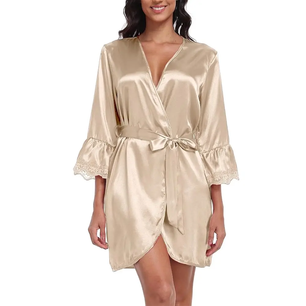 

Атласный халат с коротким кружевным краем, шелковое кимоно для невесты и подружек невесты, сексуальная ночная сорочка с рукавом 3/4