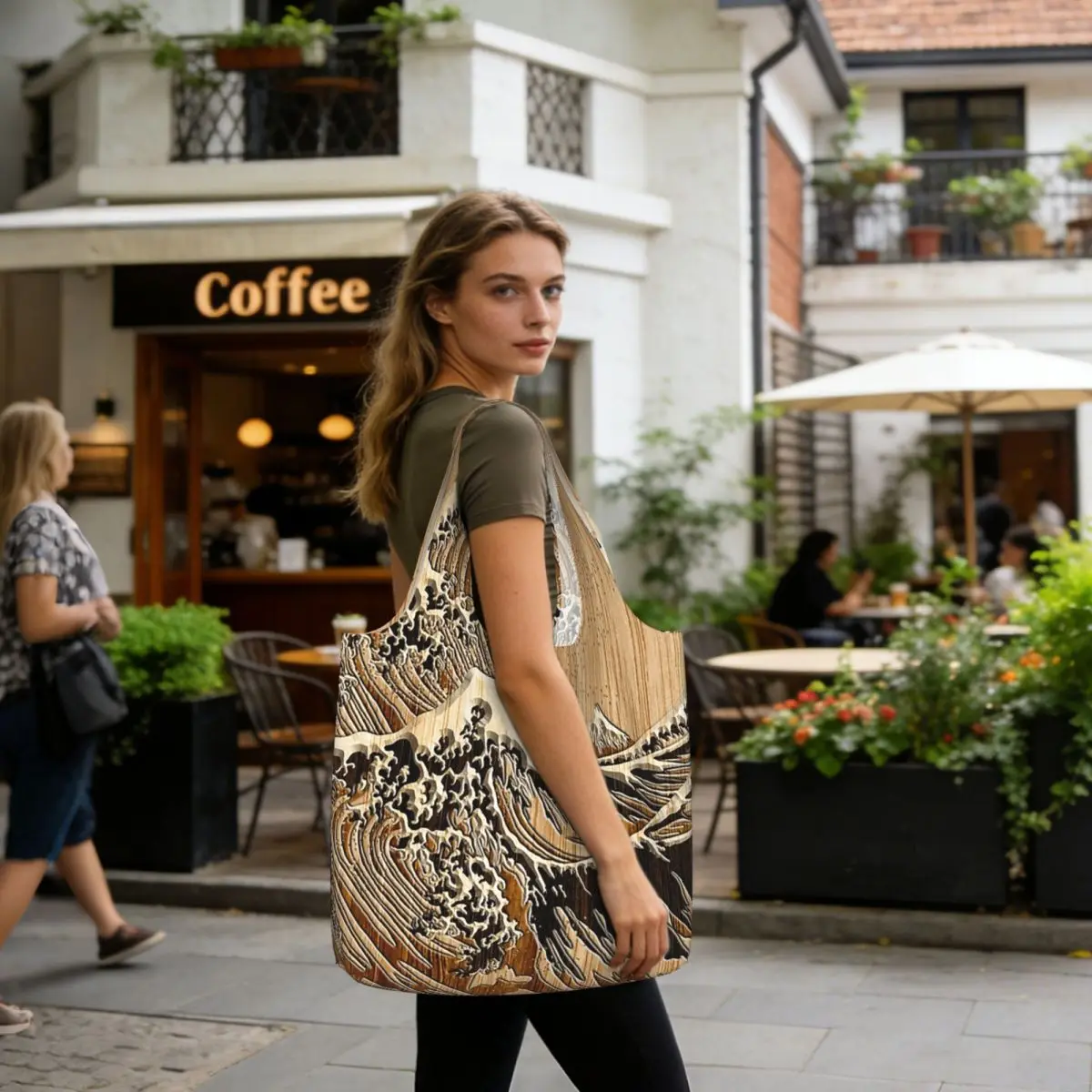 The Great Hokusai Wave In Bamboo Inlay Style Shopping Tote Bag Canvas Large Capacity Shoulder Bags Shopper Grocery Handbag