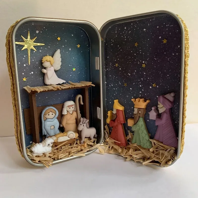 

Christmas Nativity Box Decoration Real Life Nativity Jesus Manger Christmas Crib Ornament for Living Room Art Decor