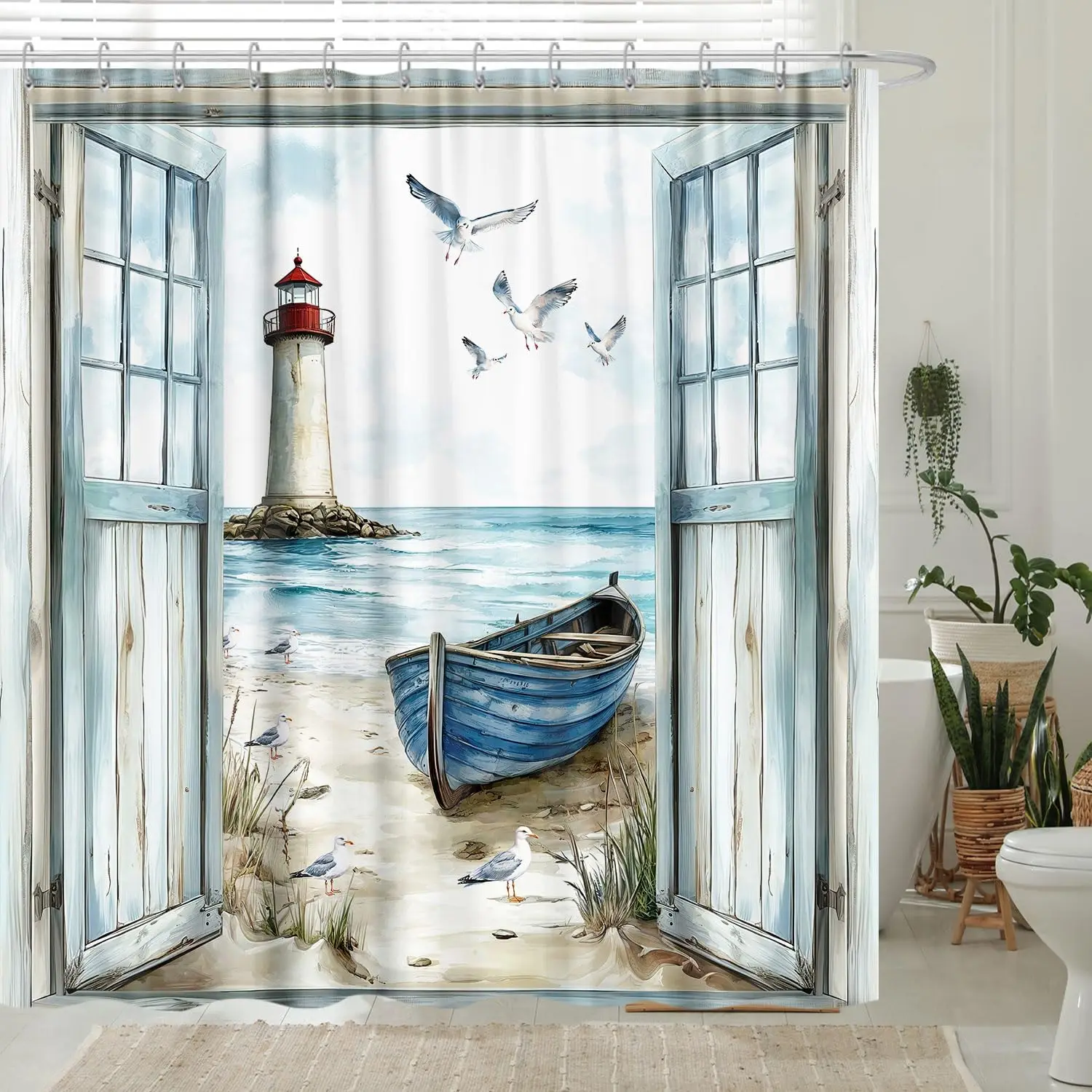 Boho Coastal Lighthouse Shower Curtain, Nautical Sailboat Rustic Seascape Turquoise Waterproof Bathroom Decor Curtain With Hooks