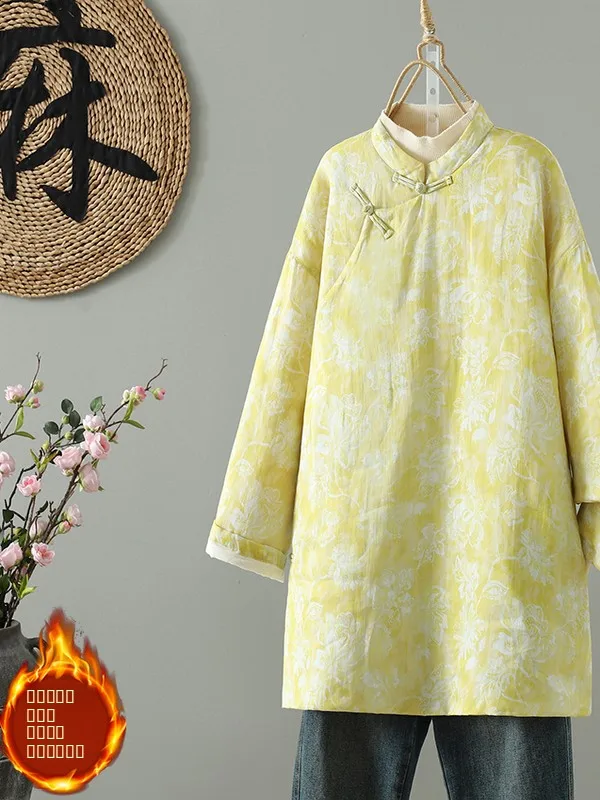 

Thiened New Chinese Sle Silk Cotton Jaet Women's Winter New Sle Side Button Stand Collar Printed Coat