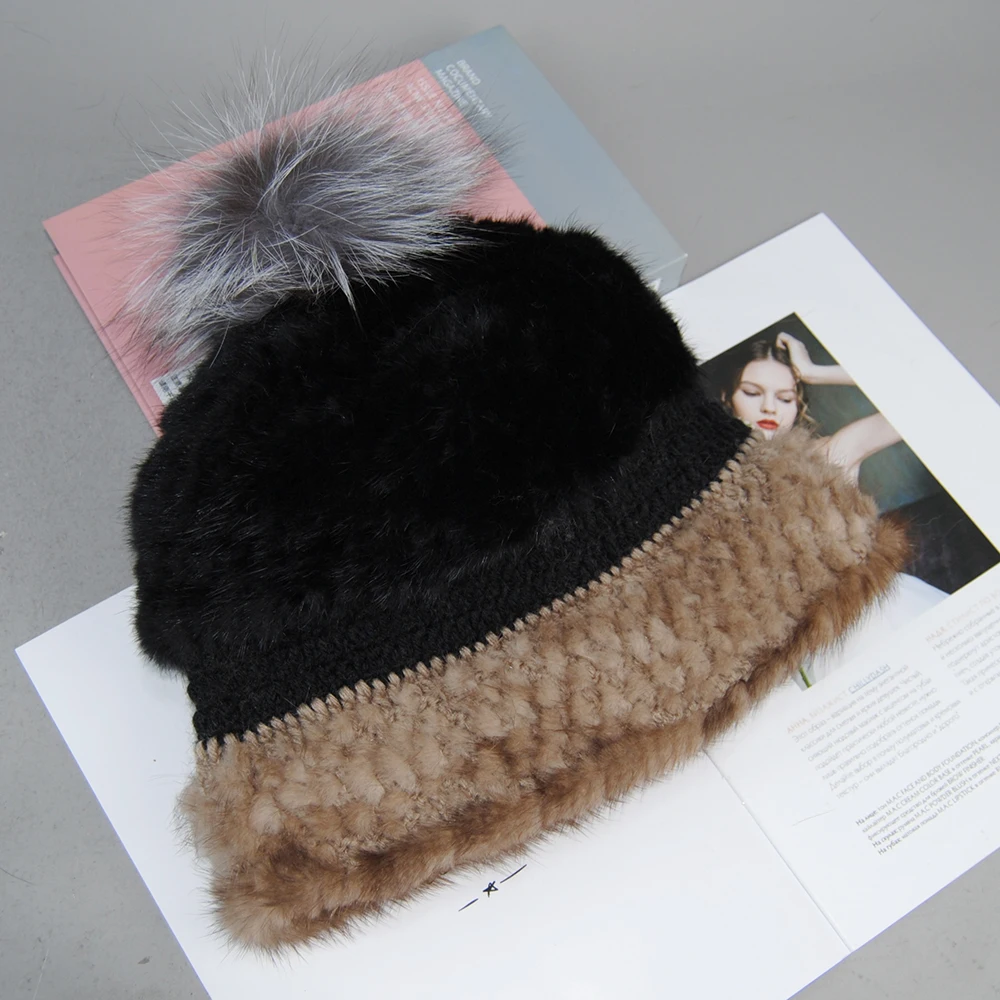 2024 Lady Good Elasticity Real Mink Fur Hats Russia Winter Fur Hat Women Knitted Warm Real Mink Fur Hat Top Fox Fur Pompoms Caps