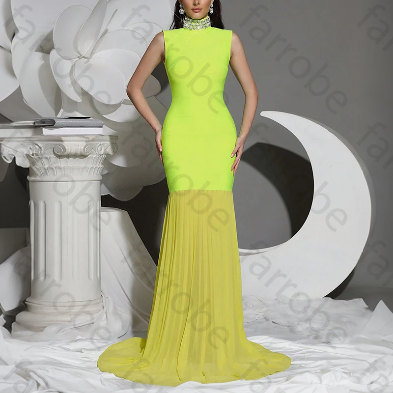 

Elegant Sleeveless Evening Dresses Luxury Floor Length Pleated Mesh Bodycon Rhinestones Bridesmaid Dress for Women Customized